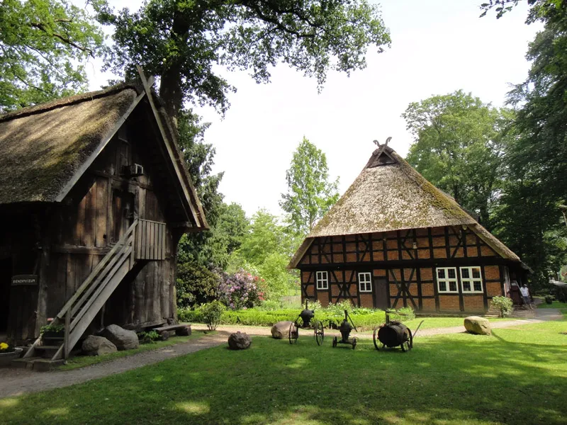 Ein grasbewachsener Hof mit zwei traditionellen, von Bäumen umgebenen Fachwerkhäusern mit Reetdach. Alte Holzkarren und Steindekorationen sind auf dem Rasen im hellen Tageslicht ausgestellt.