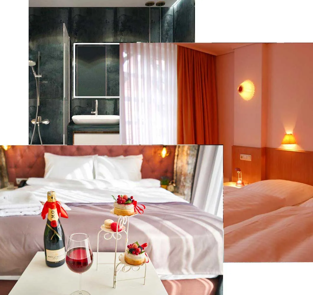 Die Collage zeigt ein modernes Badezimmer mit Waschbecken und Dusche, ein gemütliches Schlafzimmer mit warmer Beleuchtung und orangefarbenen Vorhängen sowie ein Bett mit weißer Bettwäsche, einer Flasche Champagner, einem Glas Wein und Desserts auf einem Tablett.